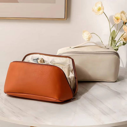 Makeup Bag, Waterproof PU Leather Cosmetic Bag with Handle and Mesh Pockets – image 3