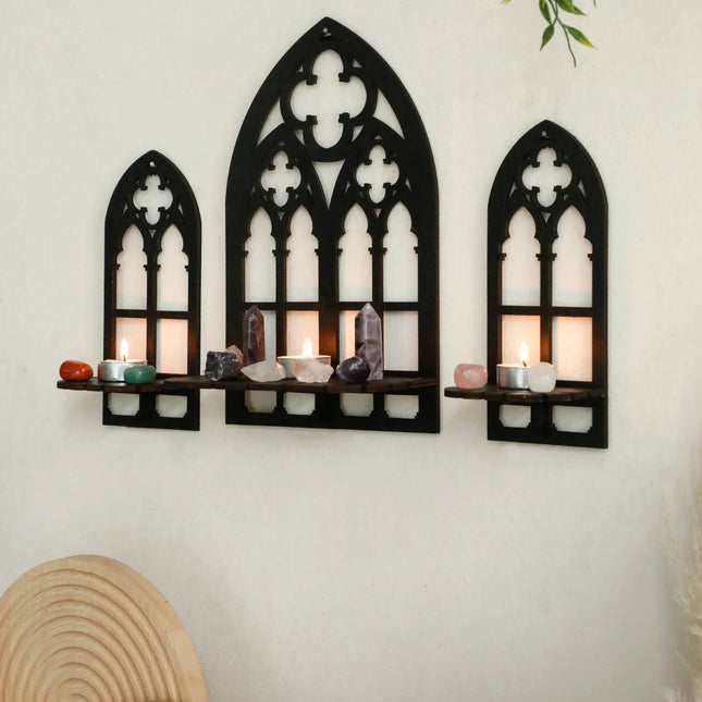 Gothic Wall Decor Set of 3, Arched Wooden Wall Shelf for Crystals and Candles, Boho Bedroom Wall Decor
