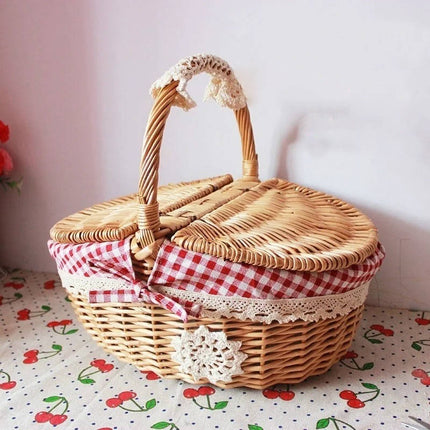 Picnic Basket with Cotton Liner, Oval Woven Basket for Storage