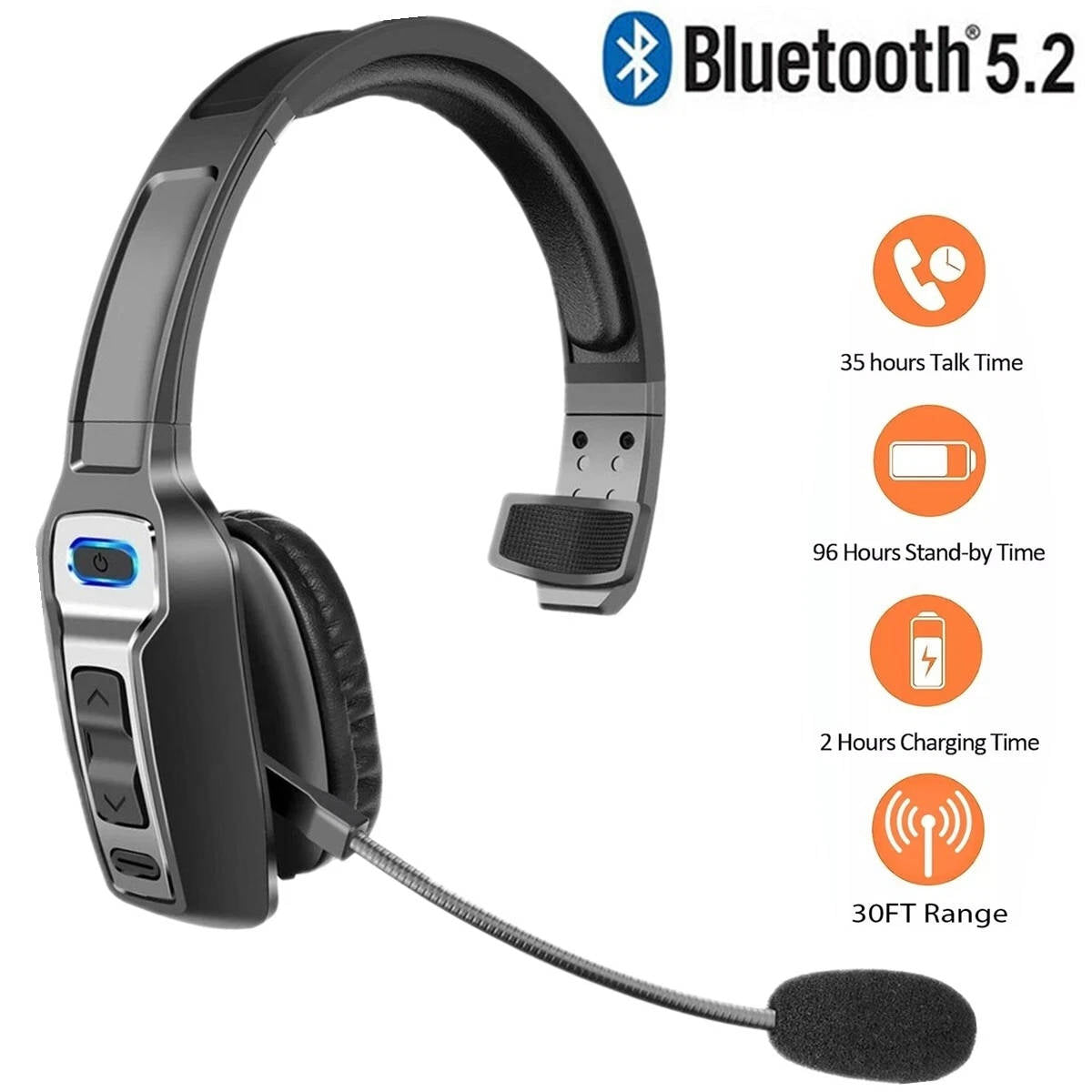 TUZWA Bluetooth Trucker Headset with Noise Cancelling Mic, Wireless Headset for Truck Drivers, 35H Talk Time, USB-C, 270° Mic