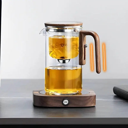 Water Separation Glass Teapot with Infuser, 500ml and 700ml Borosilicate Glass Tea Pot with Anti-Scald Wooden Handle and Strainer