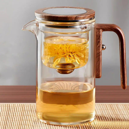 Water Separation Glass Teapot with Infuser, 500ml and 700ml Borosilicate Glass Tea Pot with Anti-Scald Wooden Handle and Strainer
