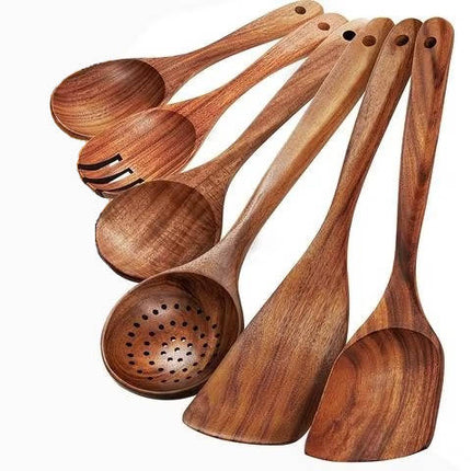 Wooden Kitchen Utensil Set 6 Piece, Teak Wooden Spoons for Cooking