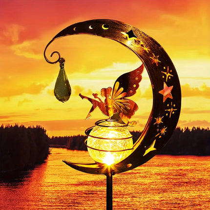Solar Garden Lights Outdoor, Fairy on Crescent Moon Garden Decorations, Dusk to Dawn Light, Rechargeable Solar Light