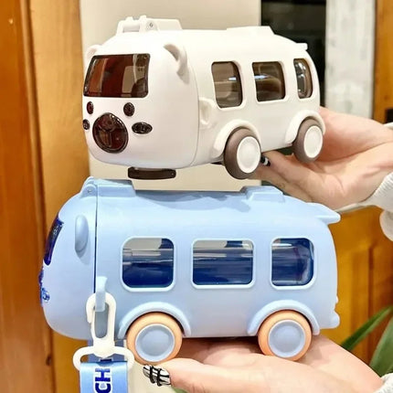 Water Bottle with Straw for Kids 16.9 oz, Cartoon Water Bottle Toy Bus with Silicone Straw, Leak Proof Toy Water Bottle