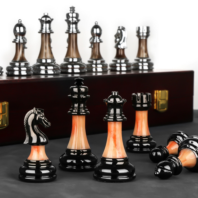 Chess Board Set with Metal Chess Pieces, Luxury Chess Set for Adults, Wooden Board Game for Game Room Decor