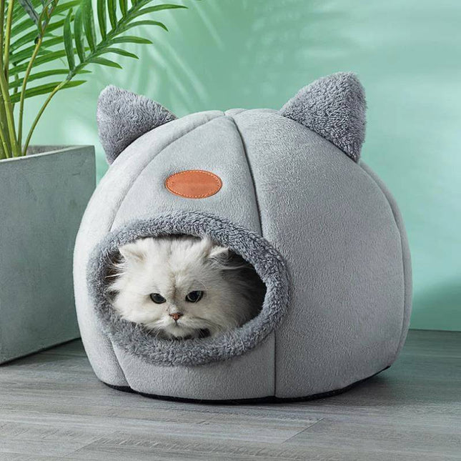 Cat Cave Bed with Removable Cushion and Ear Design, Large Enclosed Cat Bed for Winter
