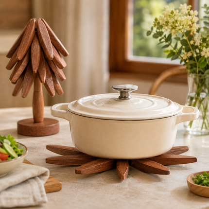 Wooden trivet for hot dishes, foldable tree shaped solid wood trivet mat, expands to 7.8 inches, kitchen