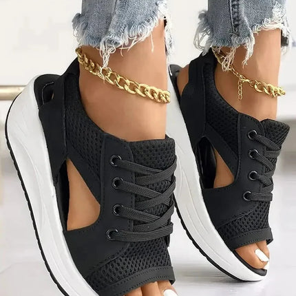 Lace Up Sandals, Peep Toe Flat Sandals with Cutout