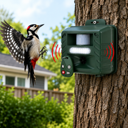 Solar Ultrasonic Bird Repeller for Woodpeckers, 15 to 20kHz, Flashing Lights, 170 Degree Outdoor Deterrent