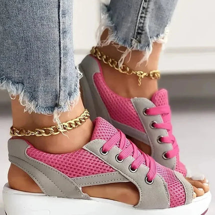 Lace Up Sandals, Peep Toe Flat Sandals with Cutout – image 5