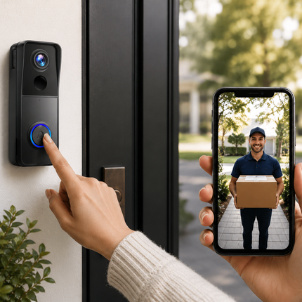 Wireless WiFi video doorbell camera, 1080p HD with 166 degree lens, two way talk, PIR motion alerts and chime