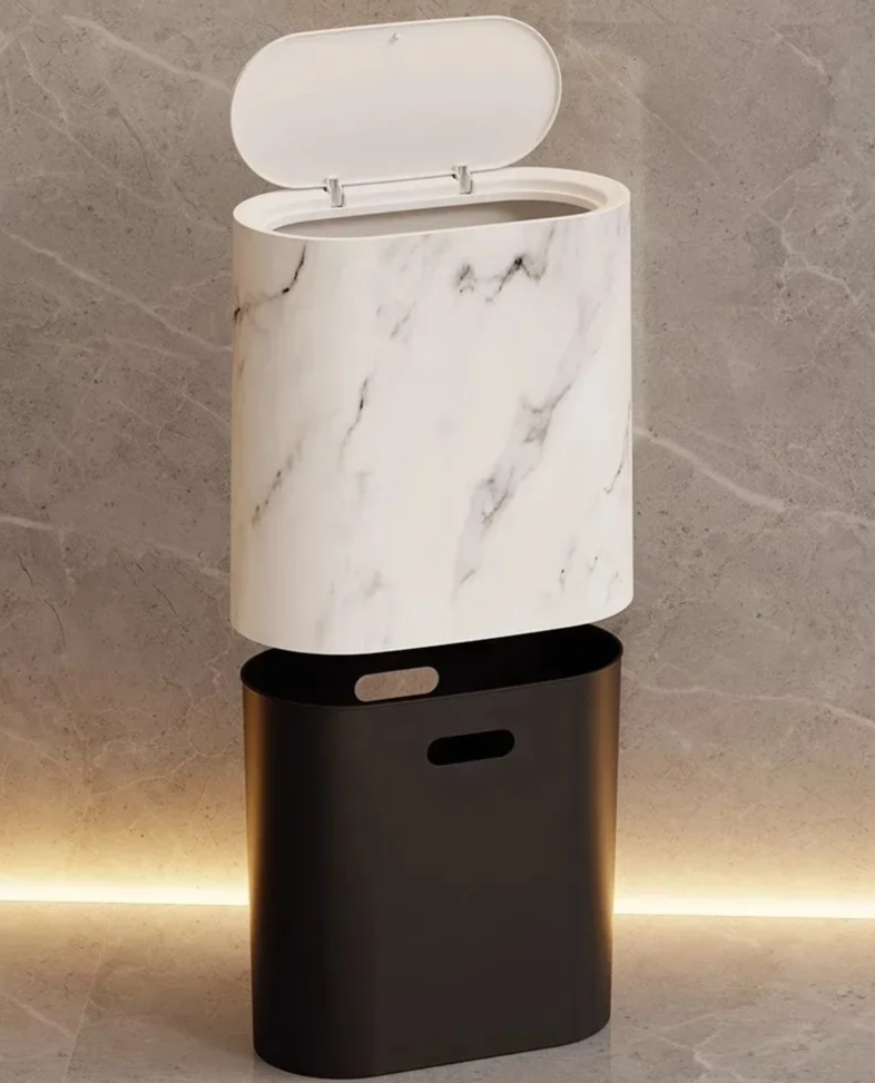 Tuzwa Bathroom Trash Can with Push Lid – Marble Design Slim Waste Bin for Small Spaces, Bedroom & Office