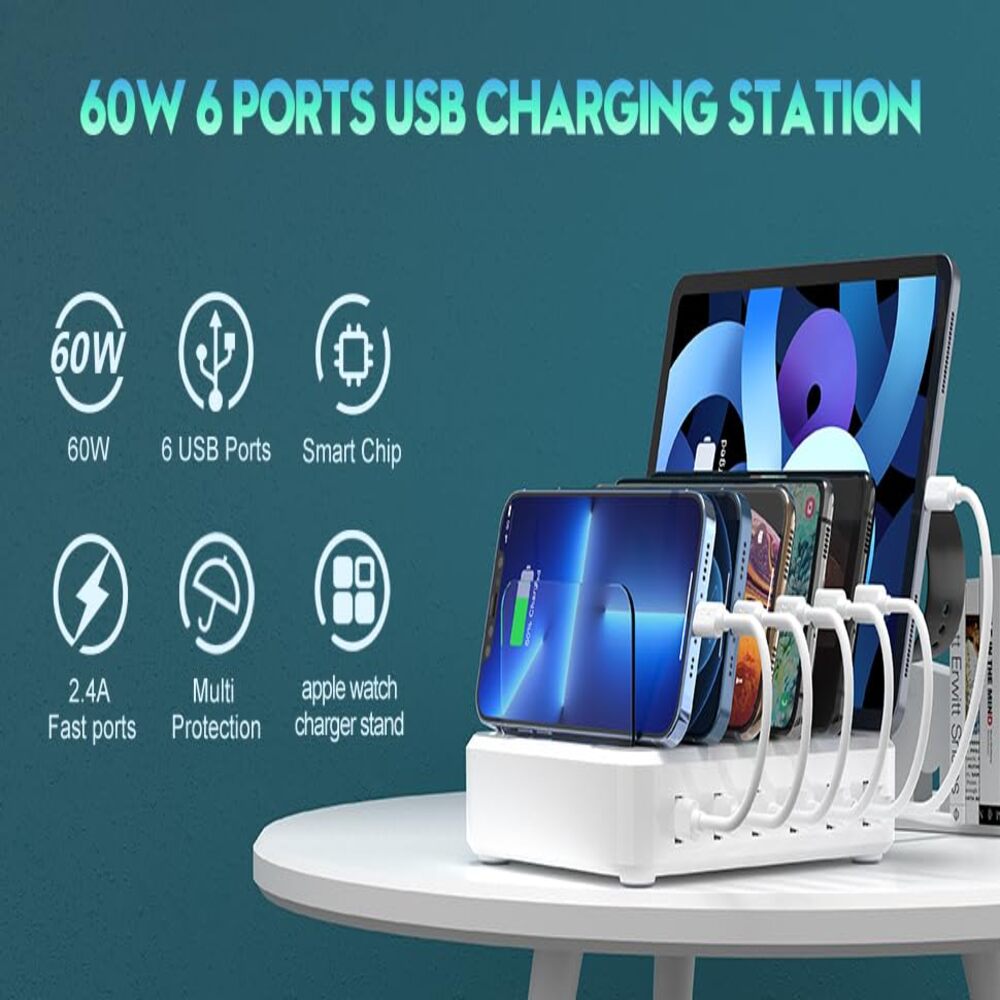 Tuzwa 6-Port USB Charging Station – 60W Multi-Device Charging Dock with 5V/2.4A USB Ports, Adjustable Dividers & Earbud/Watch Holders