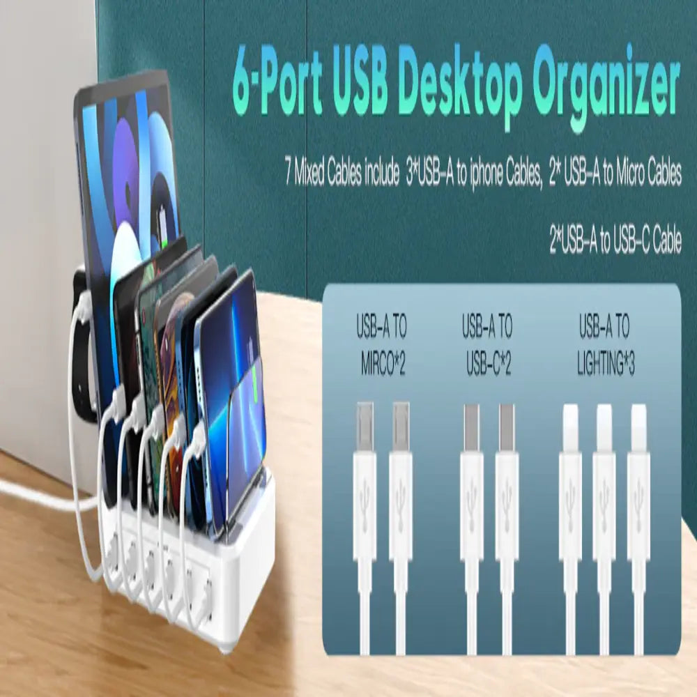 Tuzwa 6-Port USB Charging Station – 60W Multi-Device Charging Dock with 5V/2.4A USB Ports, Adjustable Dividers & Earbud/Watch Holders