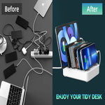 Tuzwa 6-Port USB Charging Station – 60W Multi-Device Charging Dock with 5V/2.4A USB Ports, Adjustable Dividers & Earbud/Watch Holders