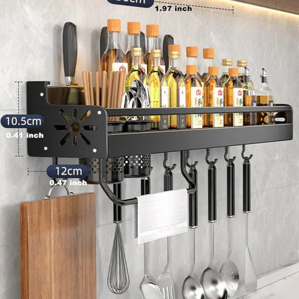 Wall Mounted Kitchen Storage Rack Organizer, Aluminum Utensil and Spice Holder with Movable Hooks and Knife Groove