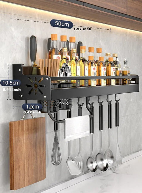 Spice Rack and Kitchen Utensil Holder, Wall Mounted Spice Rack with Movable Hooks
