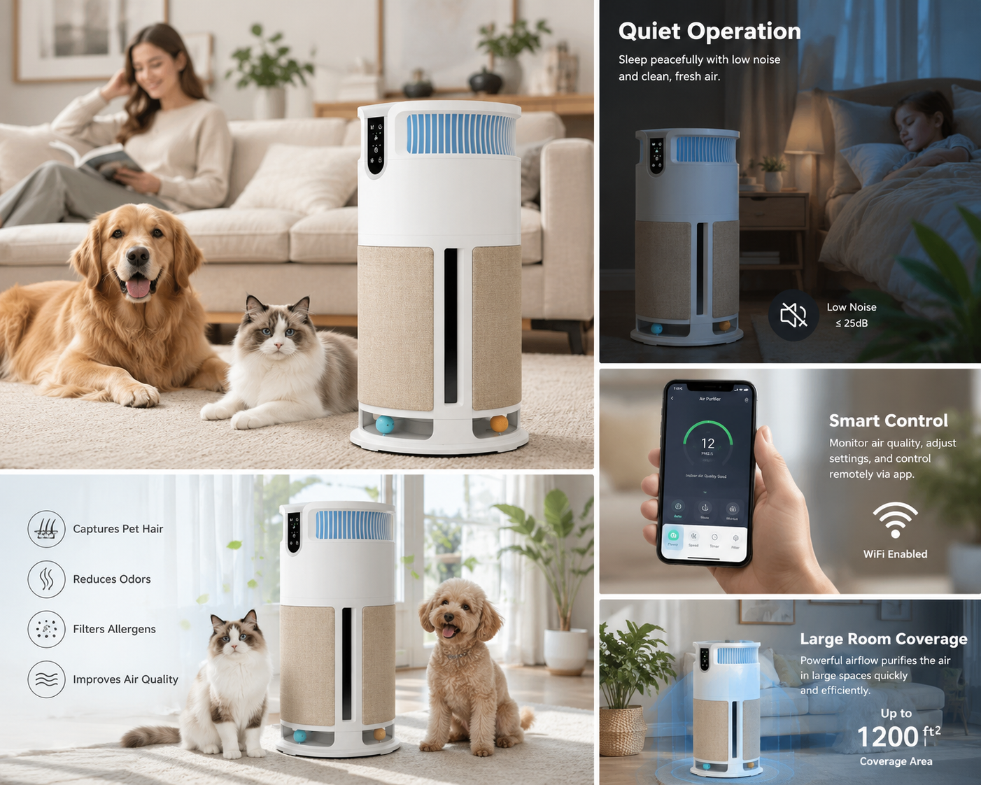 Tuzwa Smart WiFi Air Purifier for Pets | True HEPA Air Cleaner with Pet Hair & Odor Removal | Quiet Air Purifier for Large Rooms & Homes