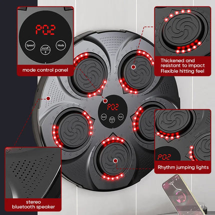Wall Mounted Music Boxing Machine, Bluetooth Reaction Light Punching Trainer with Adjustable Speed and Modes, No Drill Home Setup