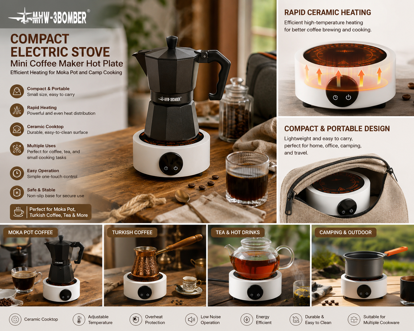 Tuzwa Compact Electric Stove | Mini Coffee Maker Hot Plate with Ceramic Cooktop for Moka Pot, Turkish Coffee & Camping