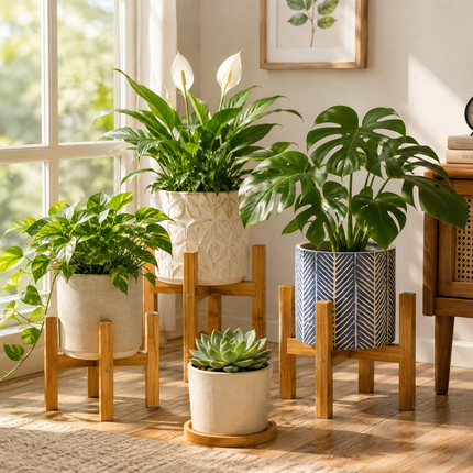 Wooden plant pot trays, sturdy wood stand base for potted plants, indoor and outdoor plant display tray