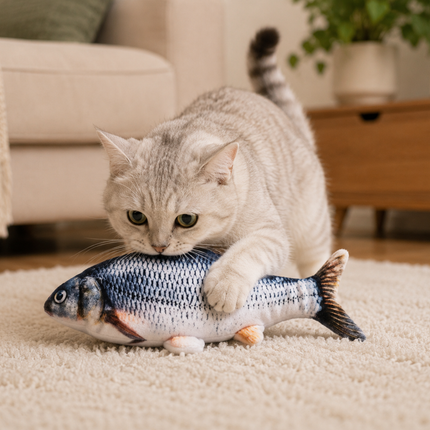 USB Rechargeable Interactive Cat Toy Fish, Lifelike Flopping Kicker Fish with Cotton Plush Cover in Carp and Salmon for Indoor Cats