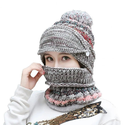 Knitted Hat Scarf Set with Velvet Lining, Pom Pom Beanie with Detachable Face Guard – image 8