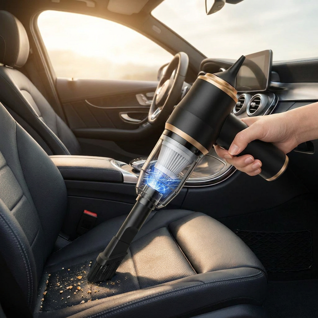 PowerClean cordless handheld vacuum being used to clean a car interior