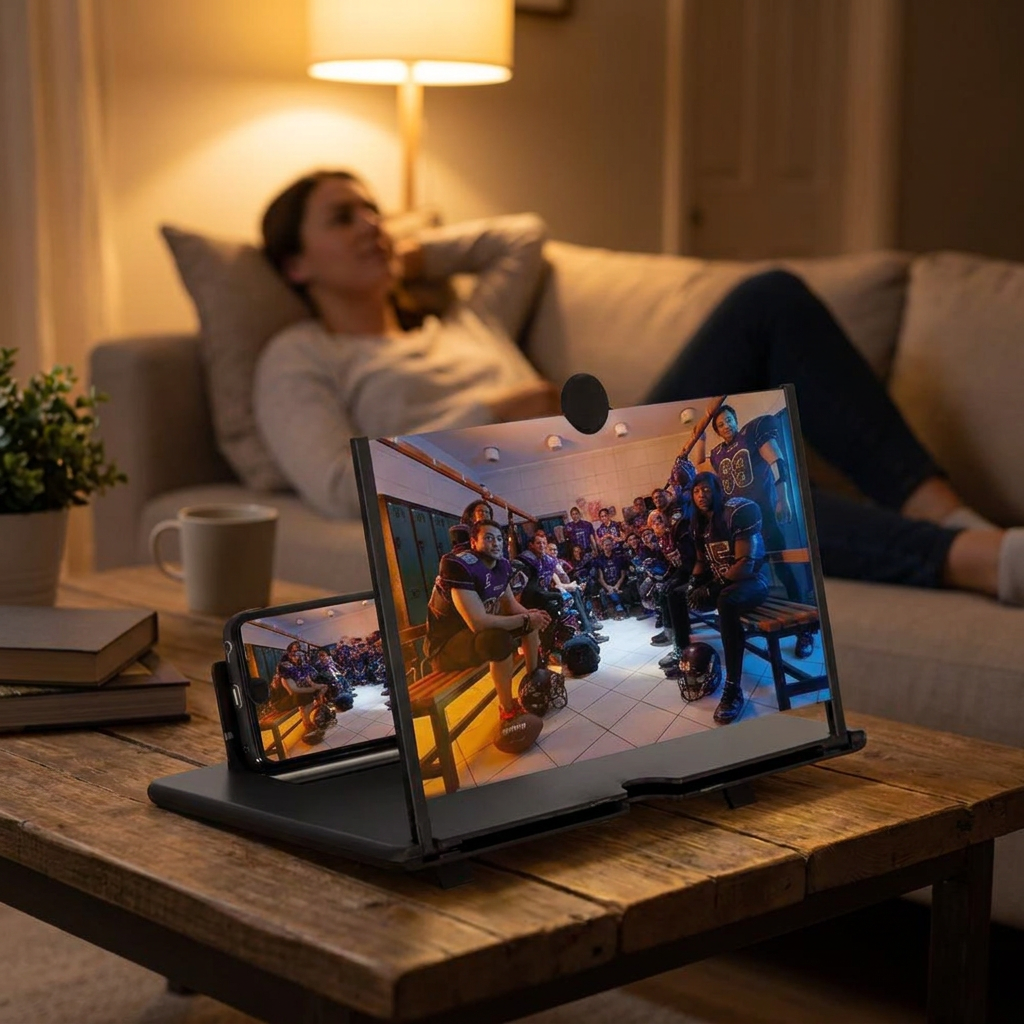 Mobile Vision 12-inch phone screen amplifier in use on a living room coffee table