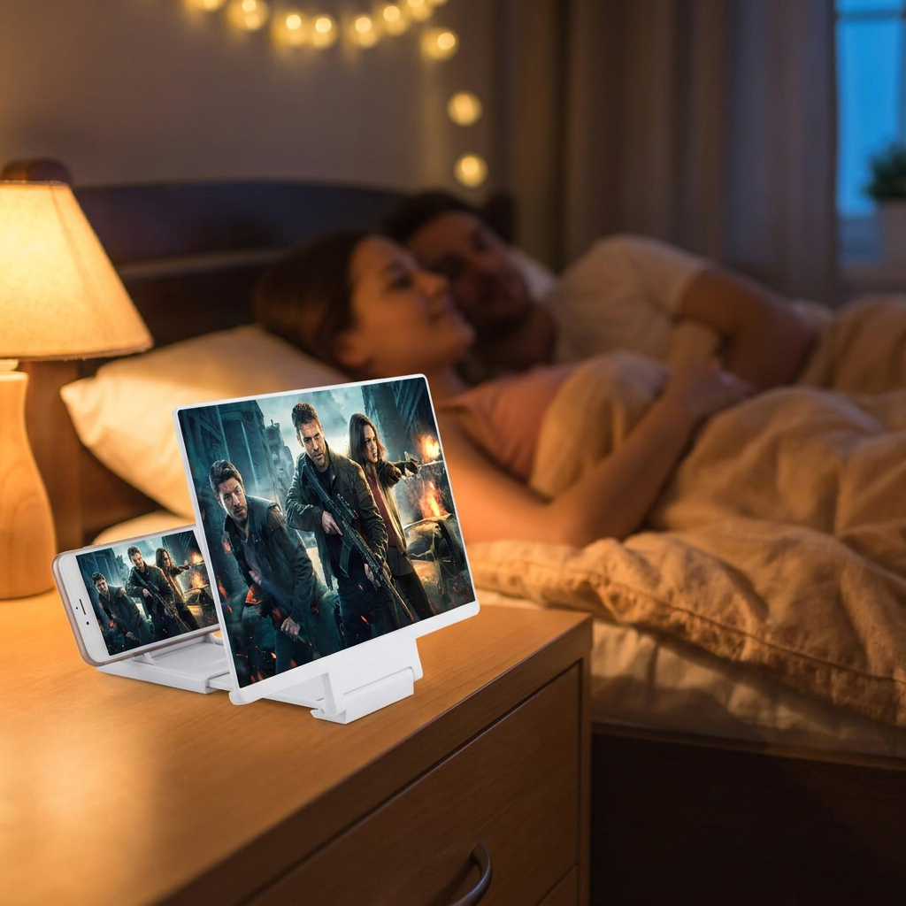 Phone screen amplifier projector in use on a bedroom dresser during movie night