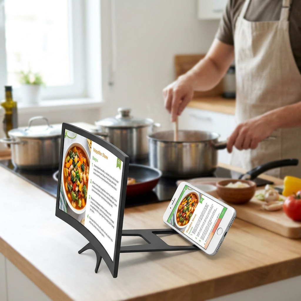 Curved foldable phone screen magnifier in use on a kitchen counter