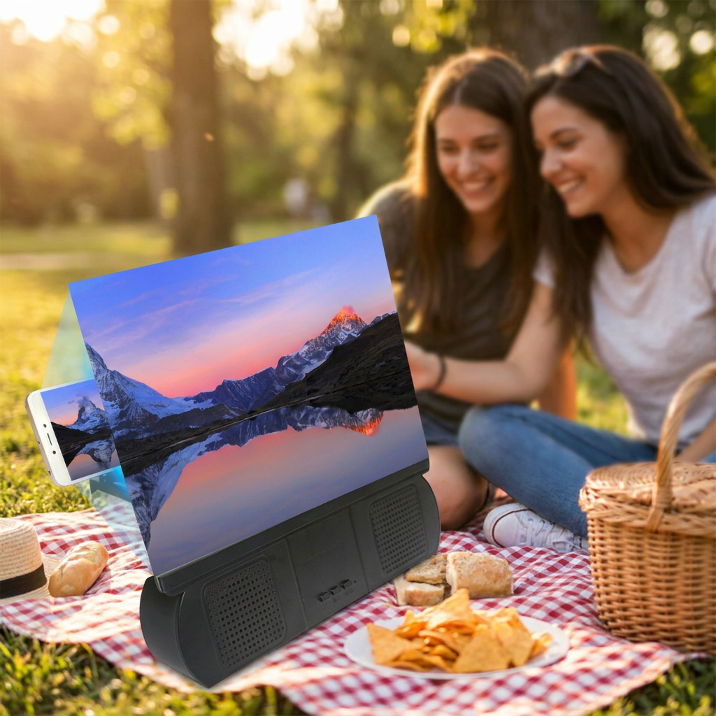 3D screen magnifier with Bluetooth speaker in use outdoors on a picnic blanket