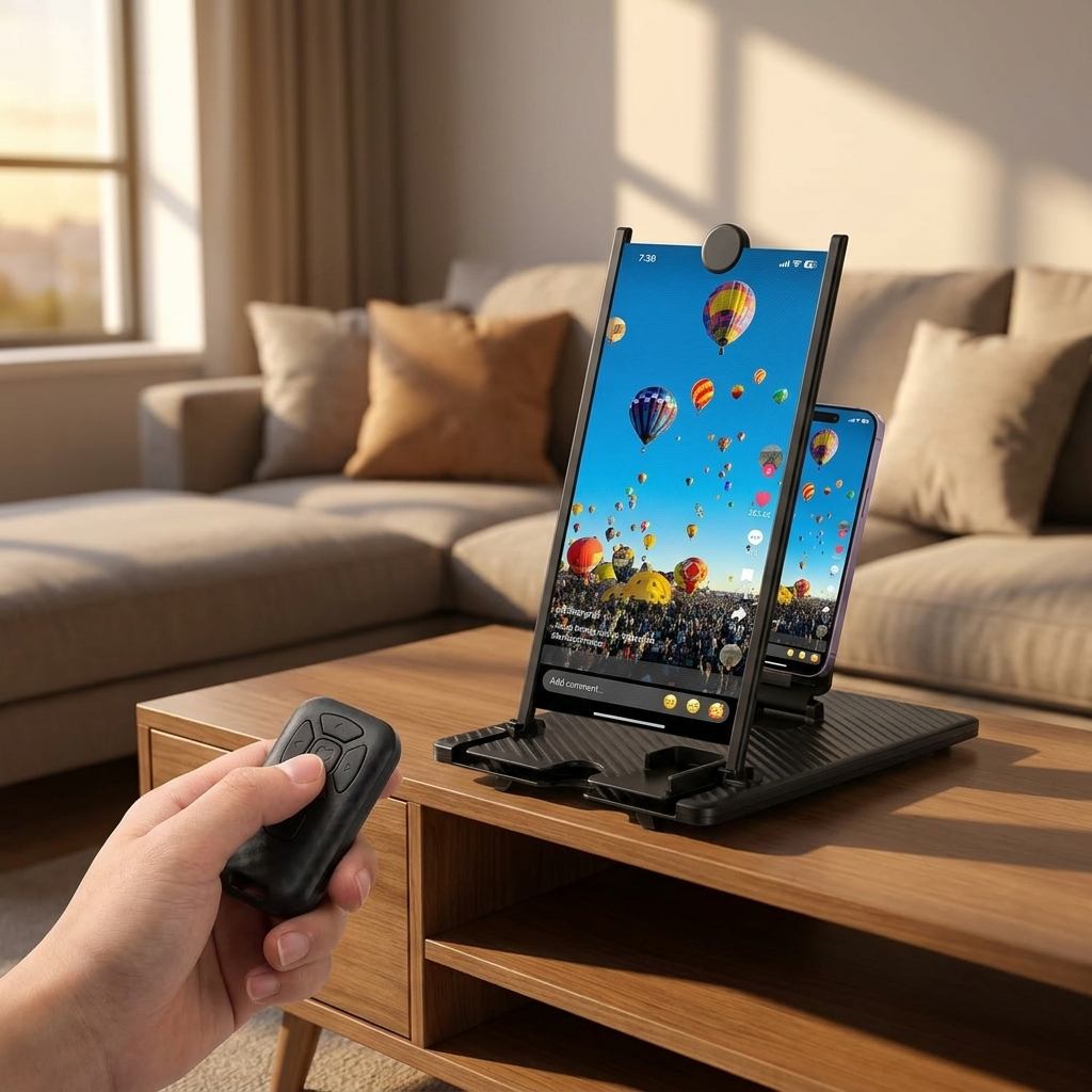 3D HD screen magnifier in use on a living room console with wireless remote