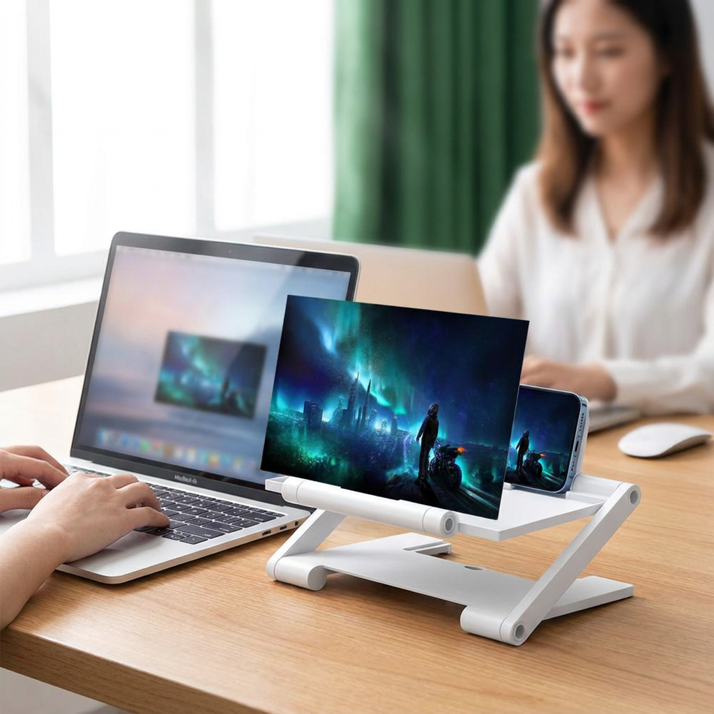 8-inch phone screen amplifier stand in use on an office desk