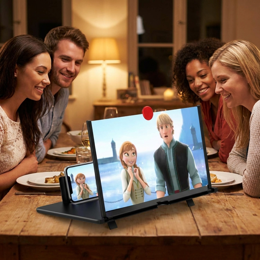 16-inch phone screen amplifier in use on a dining table with friends watching
