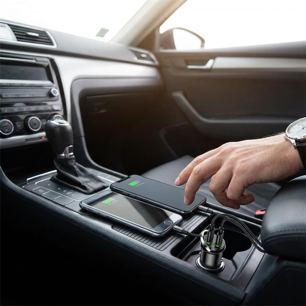 Dual-port USB car charger in use charging two phones in a car