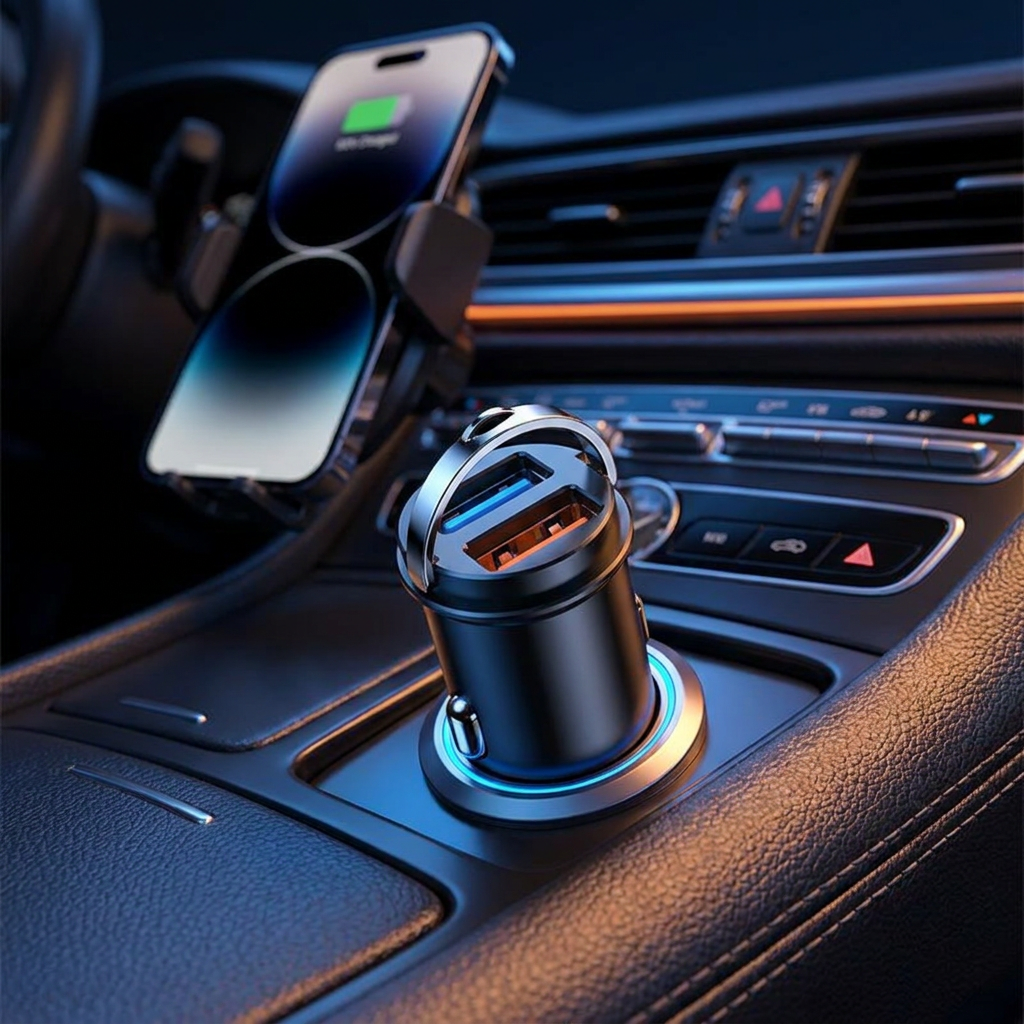 PowerCharge mini car charger in use in a car at night