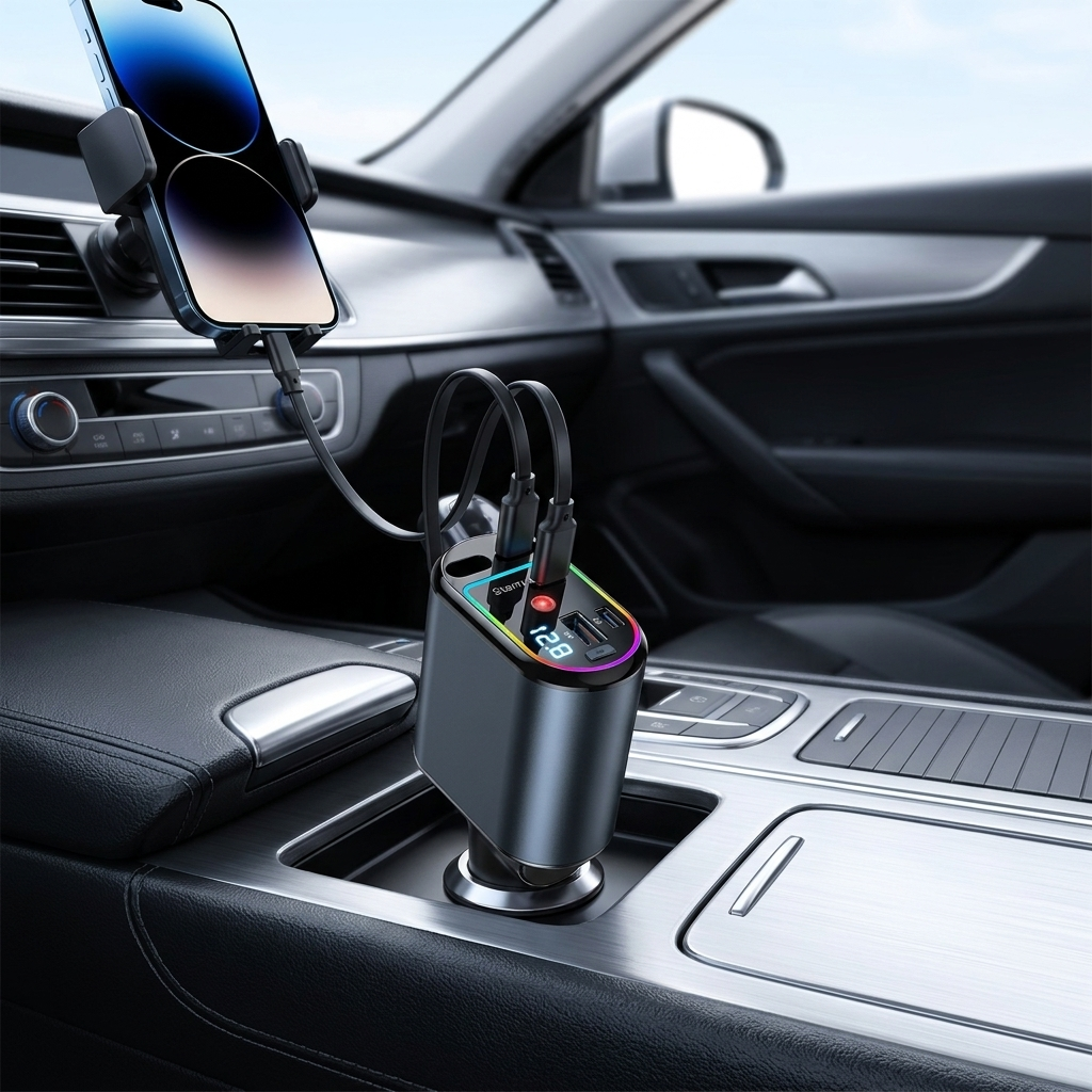 4-in-1 retractable car charger in use charging a phone in a dashboard holder