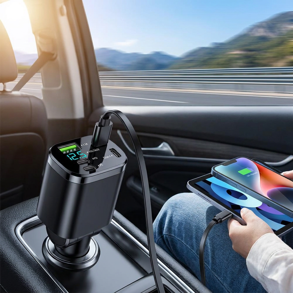 5-in-1 retractable car charger in use on a road trip charging a phone and tablet