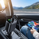 5-in-1 retractable car charger in use on a road trip charging a phone and tablet