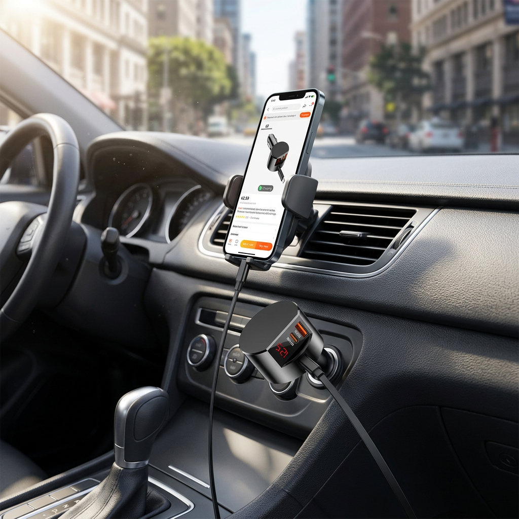 PowerMax 3-in-1 retractable car charger in use charging a dashboard-mounted phone