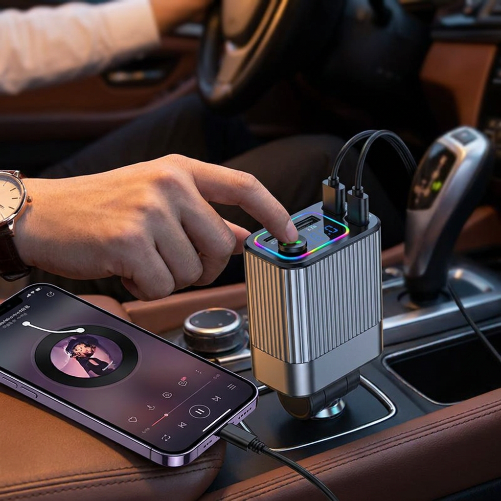 MultiCharge Pro Bluetooth FM transmitter car charger in use