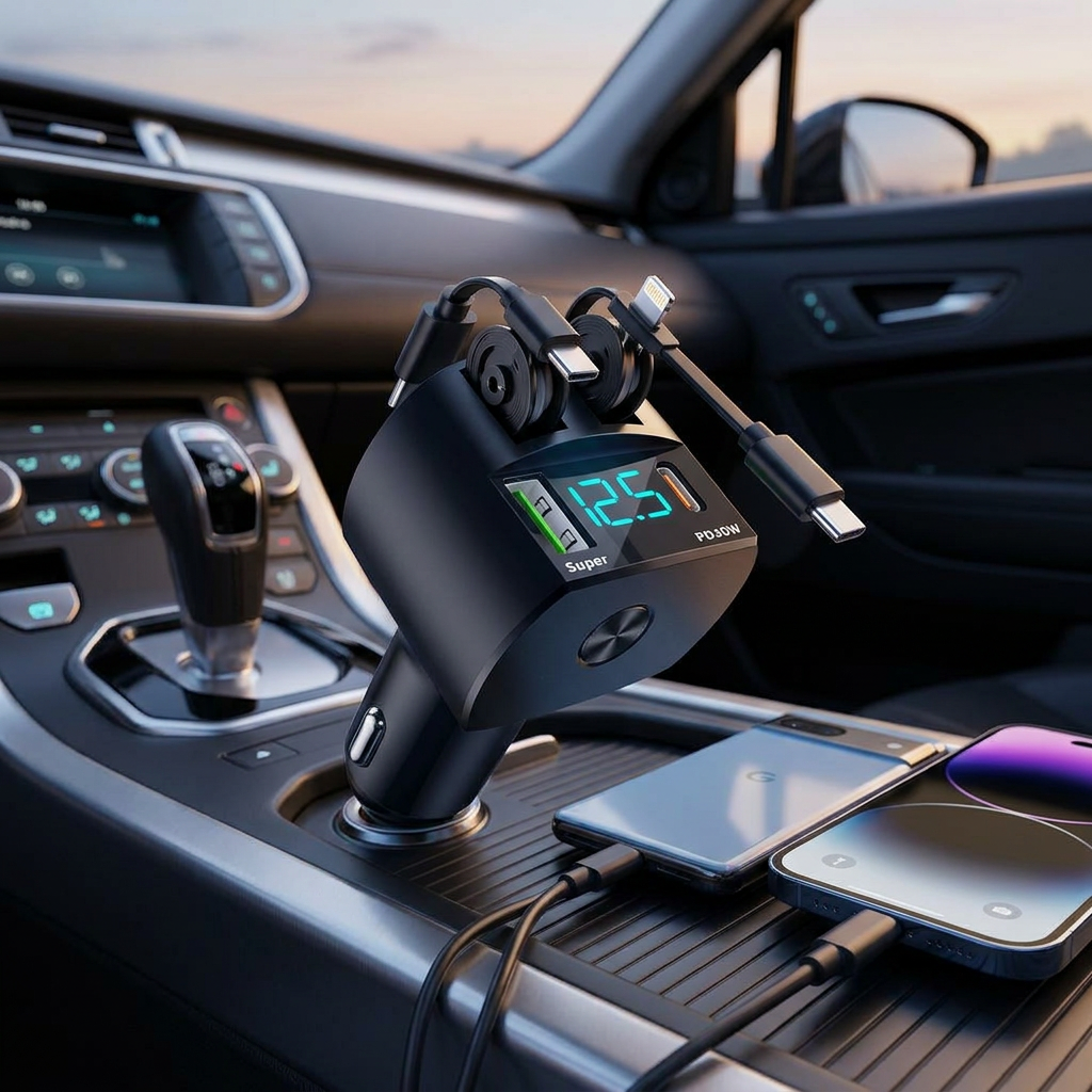 3-in-1 retractable car charger with voltage display in use