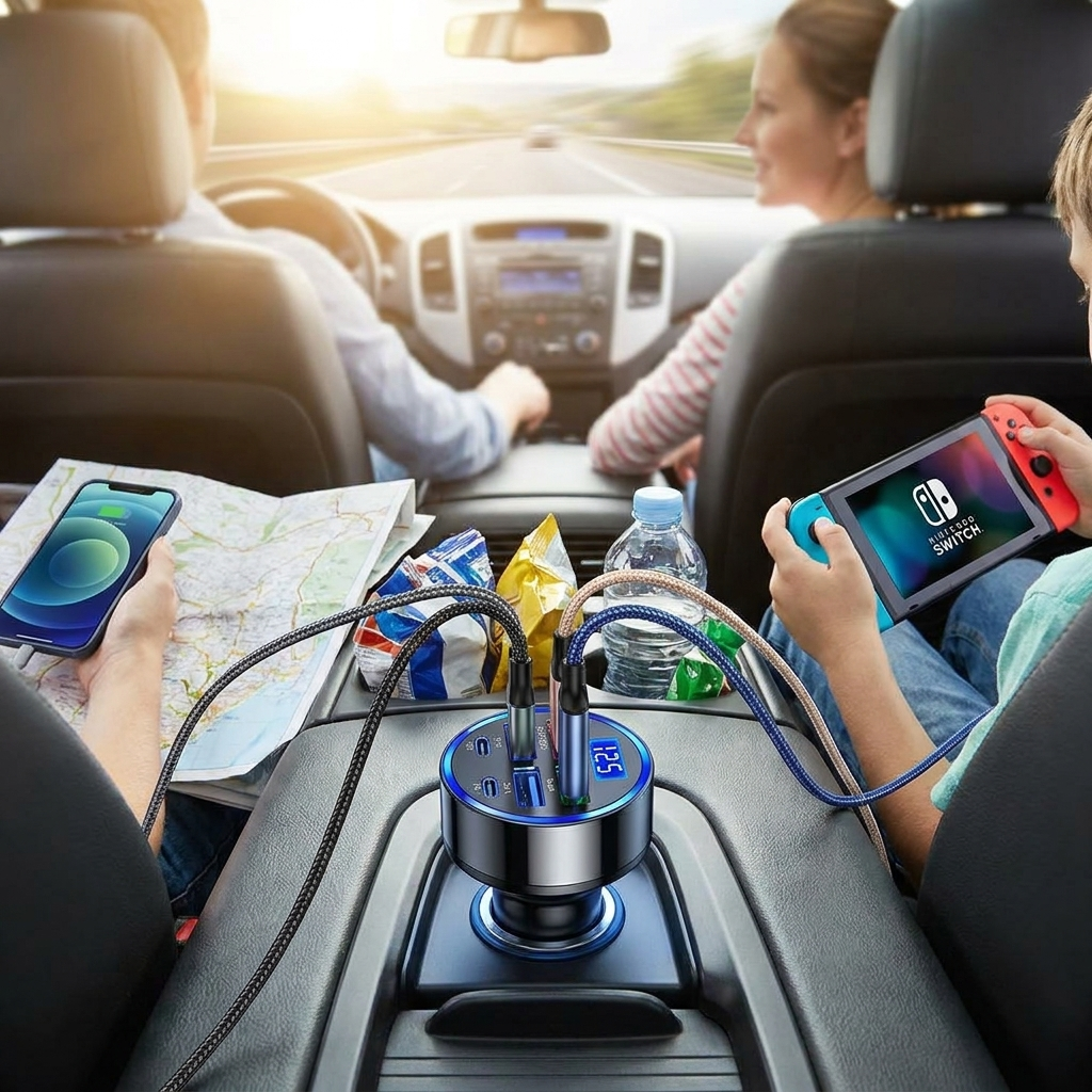 PowerHub 6-in-1 car charger with digital monitor in use on a road trip