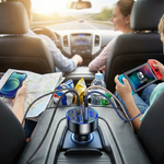 PowerHub 6-in-1 car charger with digital monitor in use on a road trip