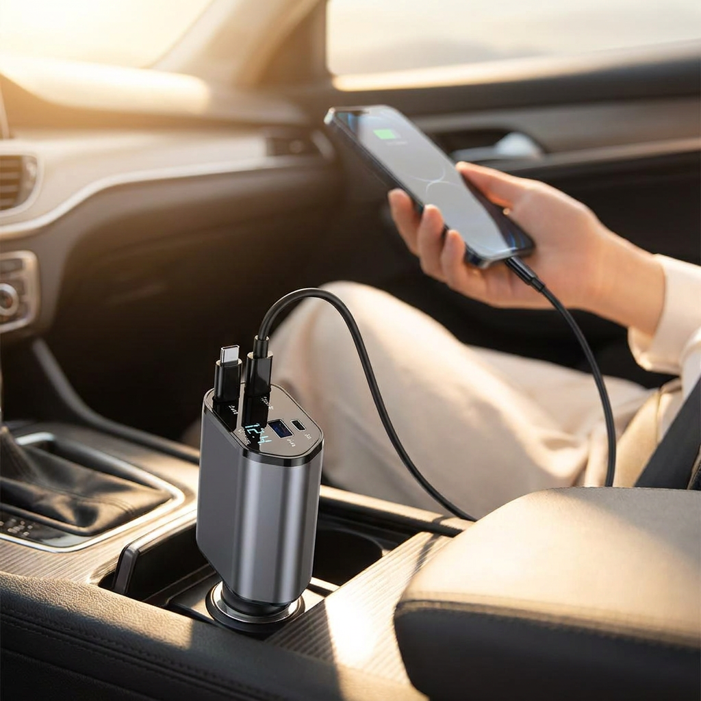 PowerCharge Pro 120W retractable car charger in use during a commute