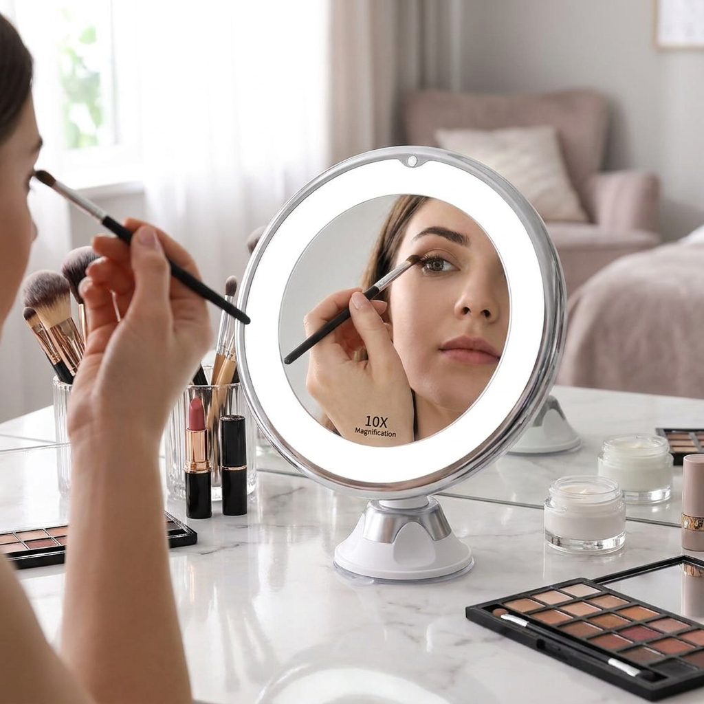 Illuminated 10x magnifying vanity mirror in use on a dressing table