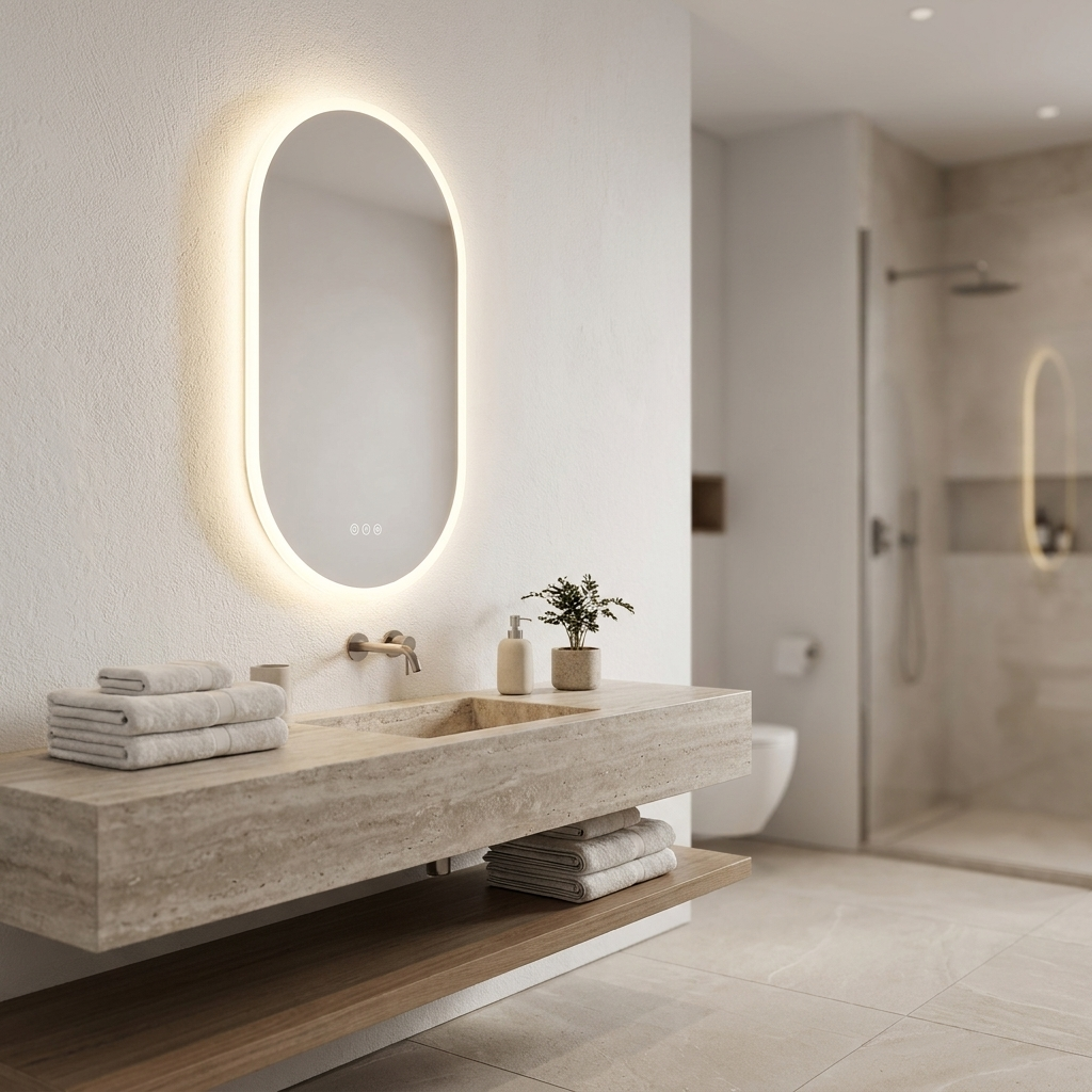 LUVODI LED backlit bathroom mirror installed above a modern vanity