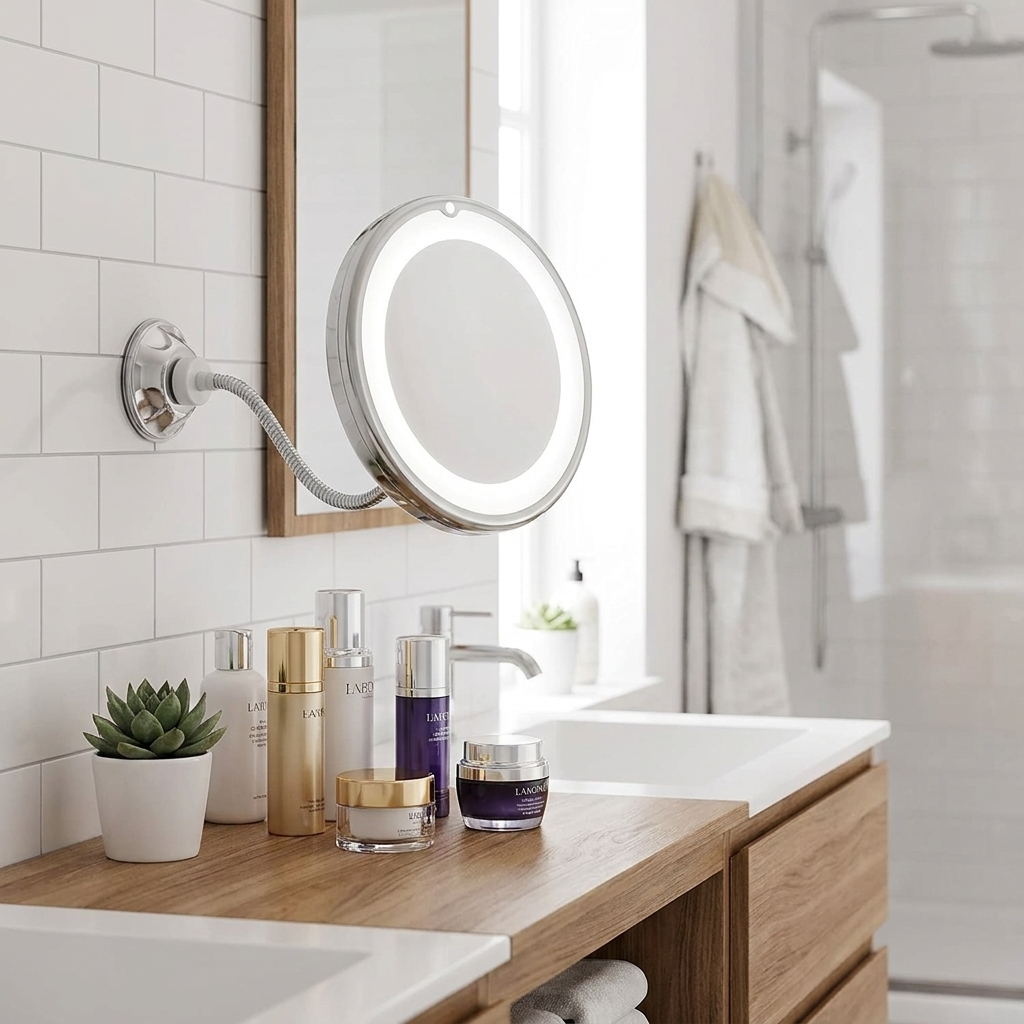 Magnifying makeup mirror with flexible arm mounted at a bathroom vanity